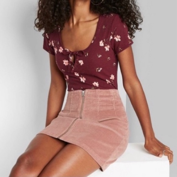 Wild Fable Women's Burgundy Floral Short Sleeve Bodysuit - Picture 2 of 10